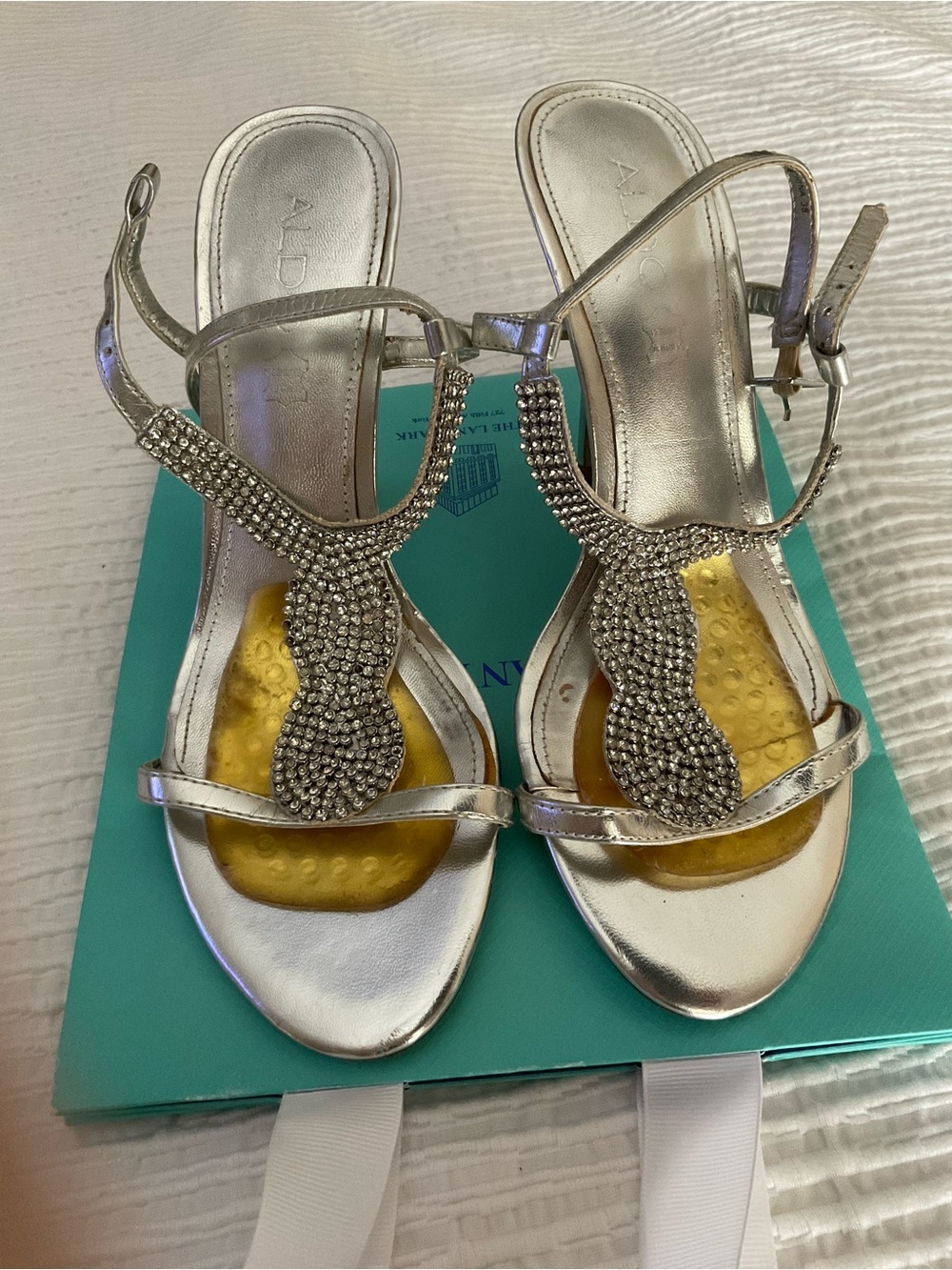 Aldo Silver Crystal T-Strap Heeled Sandals